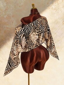 Amplova Women's Sexy Asymmetrical Shoulder Zebra Print Top - Black - View 10