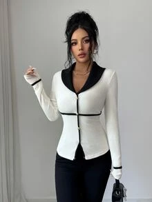 Elenzga French Style Black & White Colorblock Blazer Lapel Fuzzy Ribbed Single-Breasted Gold Button Cinched Cinched Waist Long Sleeve Top - Black and White - View 6