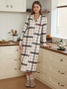 Doze Lane Ribbed Plaid Holiday Women's Robe With Deer Embroidery Loungewear Long Robe - Apricot - View 5