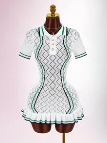 Amplova Women's Knit Sexy Avant-Garde Back To School Style Short Sleeve Dress With Collar And Lace Hem - White - View 2