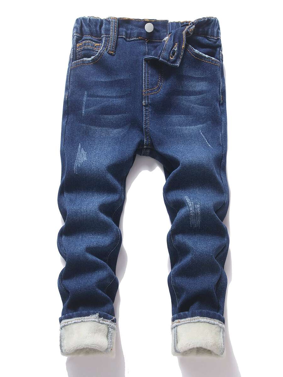 SHEIN 男童時尚休閒深藍色羊毛底彈性緊身牛仔褲,適合秋冬穿著 - 藍色 - 查看 1