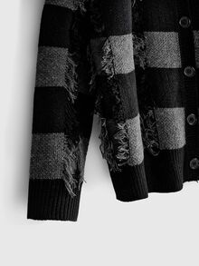 ROMWE Goth Women Distressed Checkered Fringe V-Neck Button Front Knit Cardigan, Drop Shoulder Grunge Sweater - Black - View 4