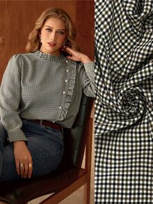 Roveilla Plus Size Vintage Corset Elegant Plaid Casual Versatile Ruffle Hem Pearl Button Decor Fall Long Sleeve Women's Blouse Office Brunch All White - Multicolor - View 1