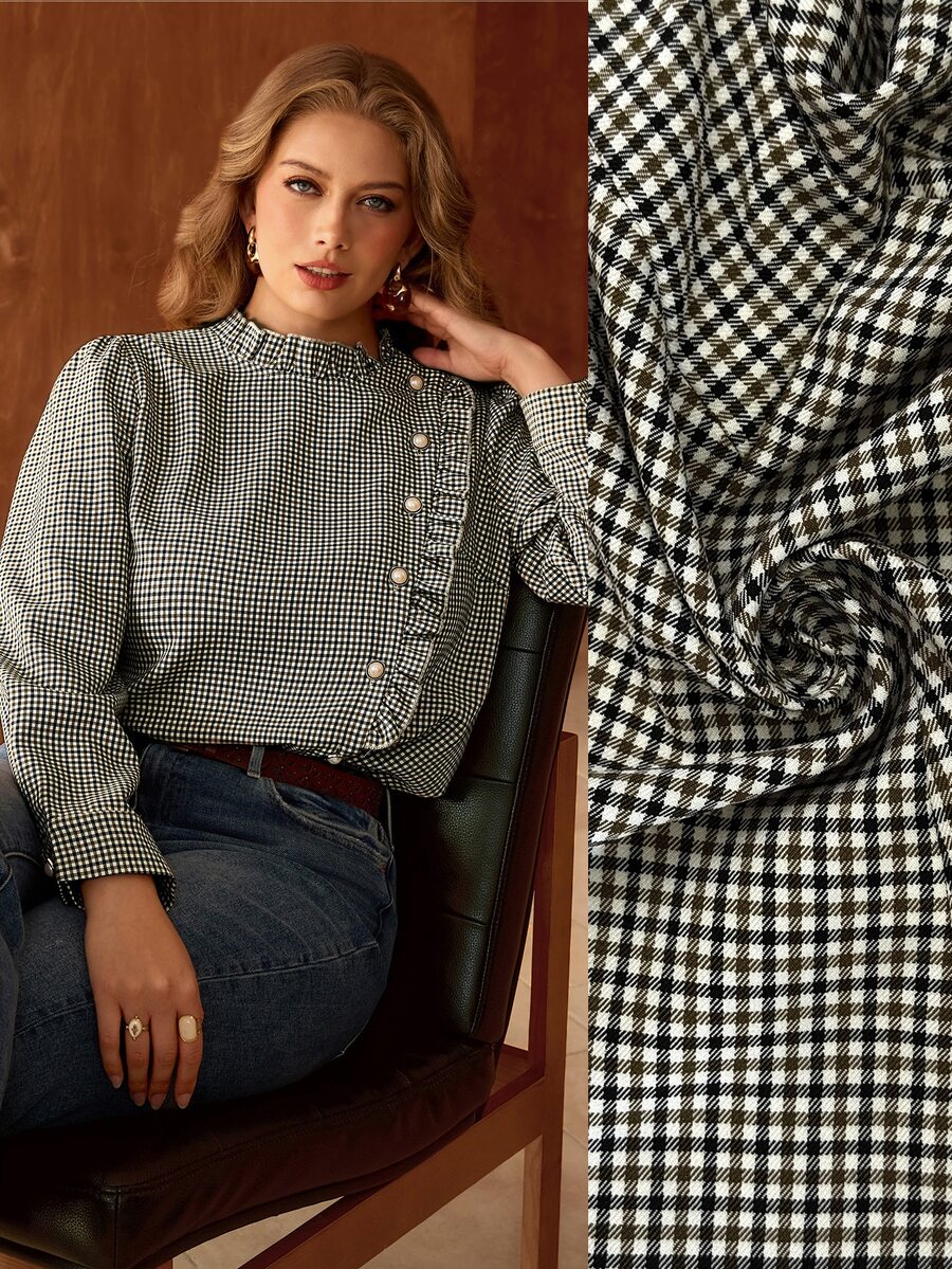 Roveilla Plus Size Vintage Corset Elegant Plaid Casual Versatile Ruffle Hem Pearl Button Decor Fall Long Sleeve Women's Blouse Office Brunch All White - Multicolor - View 1