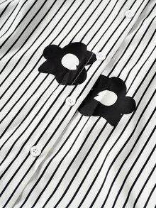 Linhara CURVE Plus Size Women's Autumn Casual Shirt With Lapel Collar, Raglan Sleeves, Striped Floral Print, For Daily Wear And Vacation - Black and White - View 7