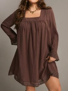 Freevana Plus Size Women Solid Color Ruched Square Neck Casual Daily Summer Long Sleeve Dress - Coffee Brown - View 8