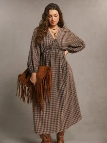 Freevana Plus Size Women's Autumn/Winter Plaid Long Sleeve Casual Elegant Dress - Brown - View 6