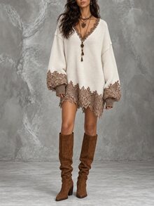 LUMIGAL Women's Contrast Lace V-Neck Drop Shoulder Long Sleeve Loose Knit Dress - Apricot - View 6