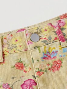 SHEIN MOD تنورة جينز قصيرة كاجوال يومية للنساء بمقاسات كبيرة مع جيوب وأزرار ونقشة زهور - متعدد الألوان - مشاهدة 5