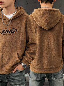 SHEIN 青少年男孩字母圖案休閒日常穿著運動衫 - 卡其色 - 查看 6