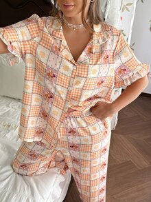 CottageSlumber Plaid Ditsy Floral Lapel Short Sleeve Long Pants Pajama Set, Sweet Ruffle Hem Home Casual 2 Pieces Set - Orange - View 4
