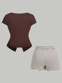 SHEIN MOD Plus Size Women Solid Color Short Sleeve Top And Striped Shorts 2 Pieces Set - Multicolor - View 3