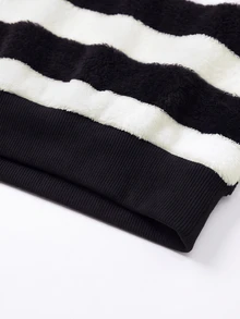 SHEIN Women's Spring/Autumn Fuzzy Horizontal Striped Half-Zip Stand Collar Loose Regular Length Weekend Street Vintage Casual Pullover Top - Black and White - View 5