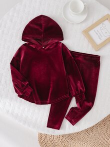SHEIN 女嬰針織純色連帽休閒衛衣與長褲兩件套 - 酒紅色 - 查看 1