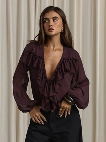 Aloruh Women's Elegant Commute Bohemian Romantic Ruffle Blouse Bodysuit, Autumn/Winter Long Sleeve Chiffon Solid Color,Purple,Going Out,Office Outfits,Work - Red Violet - View 3