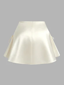 Sweetra Plus Size Early Autumn Satin Tie Bow Decor Mini A-Line Skirt - Apricot - View 2