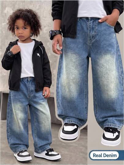 Boys Street Style Loose Wide Leg Casual Denim Jeans, Young Boy Vintage Stone Washed Pleated Denim Curved Leg Pants, Retro Nostalgic Casual Loose Fit Daily Outfit
