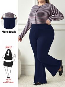 SHEIN CURVE+ 大尺碼黑色羅紋喇叭褲，高腰彈性修身長褲 - 藏蓝色 - 查看 6