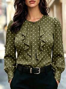 Velvienne Plus Size Elegant Ruffle Trim Long Sleeve Button-Up Blouse For Women - Green - View 1