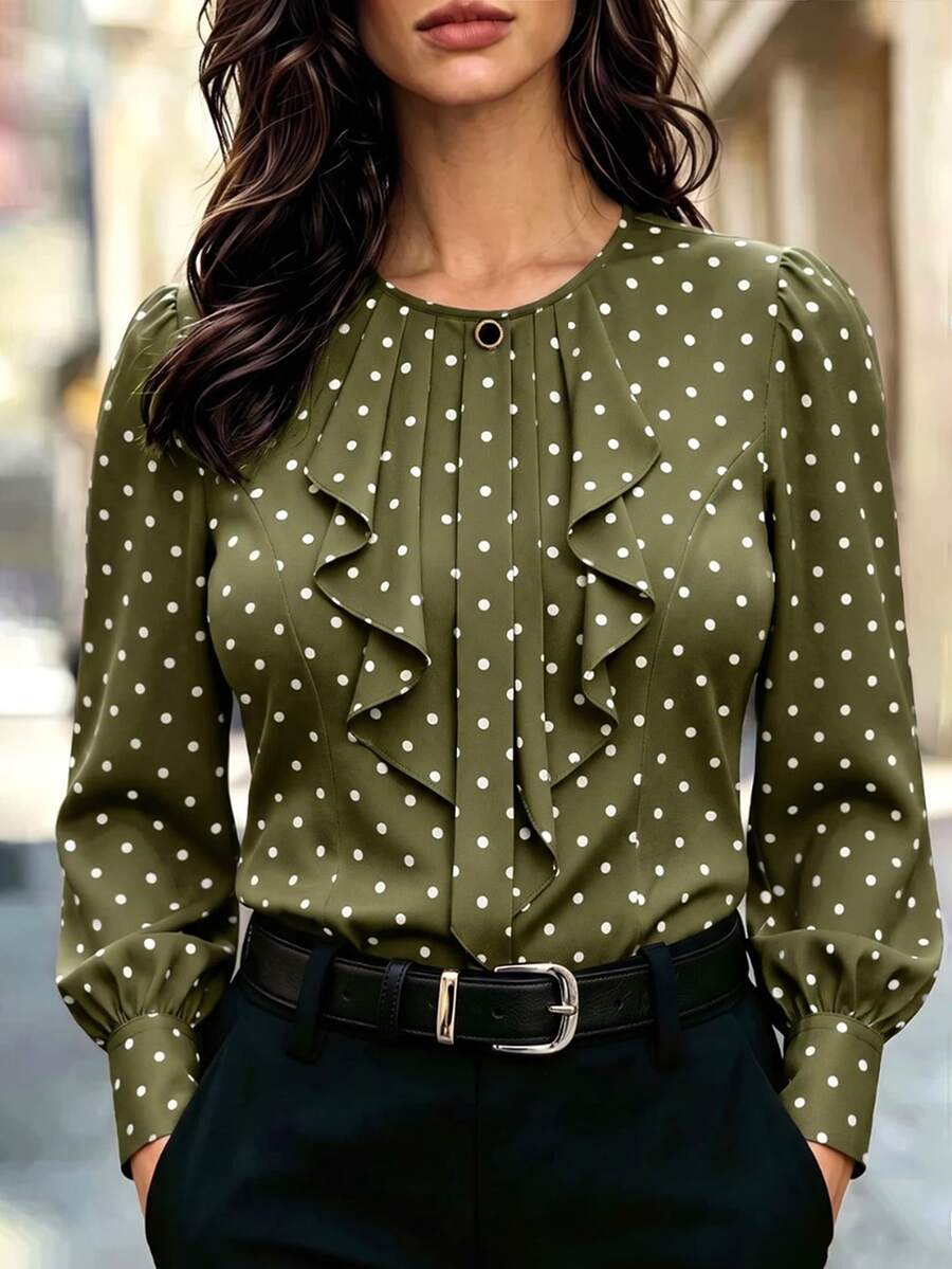 Velvienne Plus Size Elegant Ruffle Trim Long Sleeve Button-Up Blouse For Women - Green - View 1