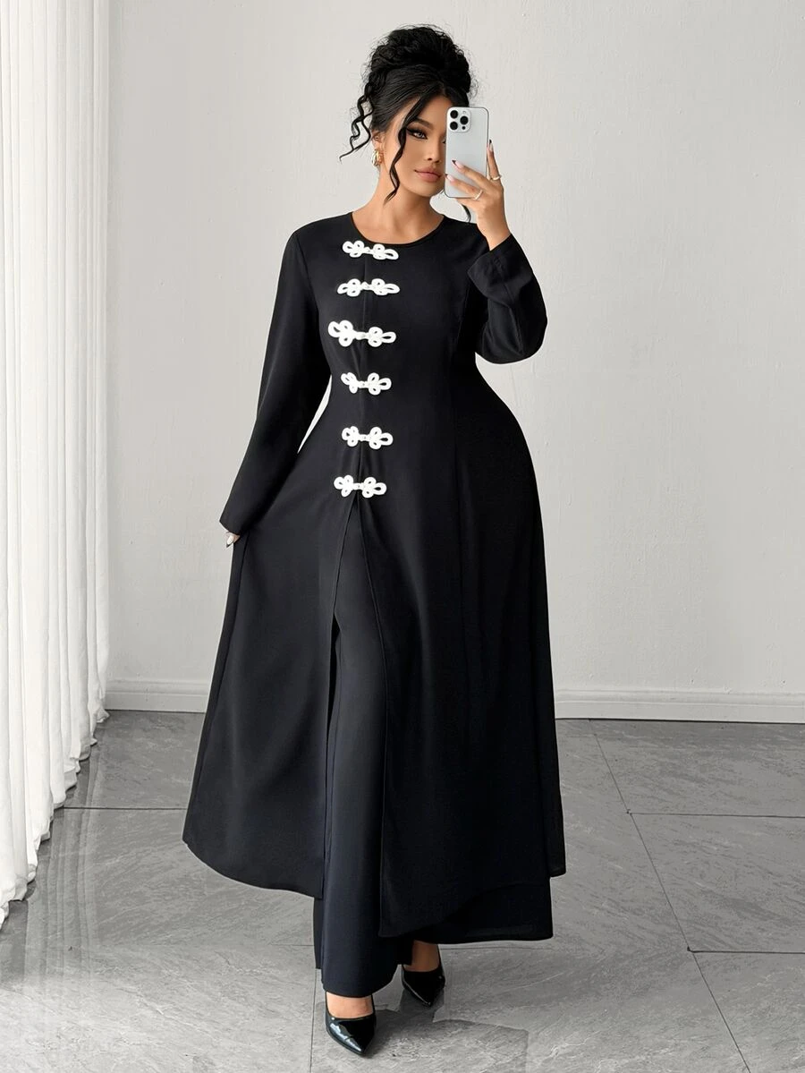 Elenzga Plus Size New Chinese Style Frog Button 2 Pieces Set, Autumn/Winter Elegant Long Flare Sleeve Outer Robe With High Slit, Long Sleeve Flare Pants, Wide Leg Pants, Commute, Banquet, Holiday, Party, Dignified Outfit, White Contrast Frog Button Design Set - Black - View 1