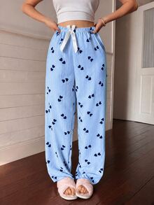 Napfluff Women's Striped Heart Print Bow Decor Waist Pajama Pants - Blue - View 4