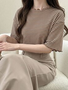 DAZY 女款條紋圓領落肩寬鬆休閒T恤 - 棕色 - 查看 6
