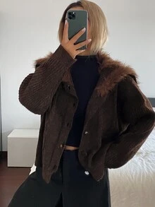 DAZY Women's Loose Casual Cardigan With Fur Collar Winter - Brown - View 3