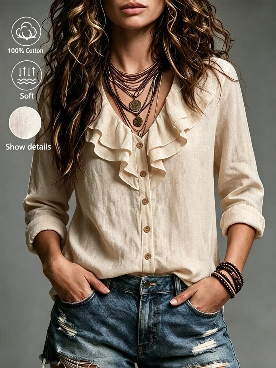 Balvessa Ruffle Trim V-Neck Linen Cotton Shirt, Soft And Relaxed, Lazy Vibe! - Khaki - View 1
