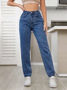 SHEIN Tall 女款高腰口袋修身休閒百搭牛仔褲 - 中等水洗藍 - 查看 2
