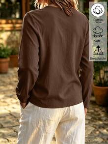 Weeklong Plus Size Cotton Fold Collar Long Sleeve Button Decor Loose Fit Casual Blouse Top - Brown - View 2