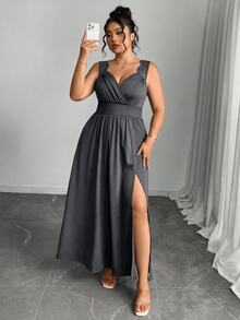 Elenzga Plus Size V-Neck Contrast Lace Strap Flared Slimming Ribbed Long Dress With Side Slit - Dark Grey - View 5