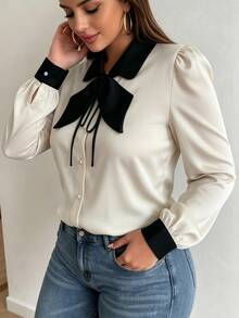 Cravure Plus Size Women's Autumn/Winter Contrast Collar Contrast Bowknot Tie-Up Elegant Commute Daily Blouse - Multicolor - View 5