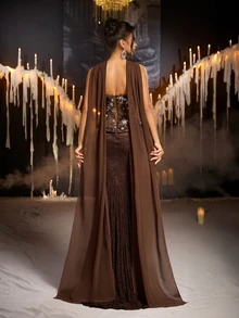 Glamrae Gaun Malam Formal Wanita Mewah Elegan dengan Hiasan Renda, Manik-manik, Bordir, Model 2 in 1, Bodycon Pas Badan, Sisipan Patchwork, Kerah Drape, Gaun Jala Ringan - Coffee Brown - View 3