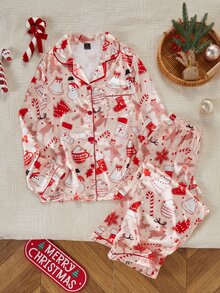Dream Adore Soft Pink Gingerbread Man & Reindeer Christmas Pattern Satin Long Sleeve Top & Pants Set - Red - View 6