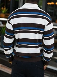 Manfinity Homme 男士條紋 Polo 領長袖休閒毛衣 - 彩色 - 查看 2