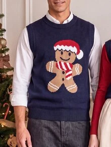 Manfinity Homme Men's Gingerbread Man Pattern Crew Neck Casual Versatile Knit Vest - Navy Blue - View 4