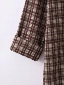 SHEIN CURVE+ 女款大尺碼秋季格紋休閒襯衫 - 棕色 - 查看 3