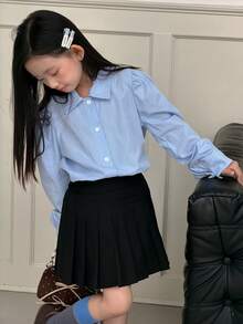 DAZY Tween Girl Solid Color Long Sleeve Single-Breasted Casual Shirt - Blue - View 7