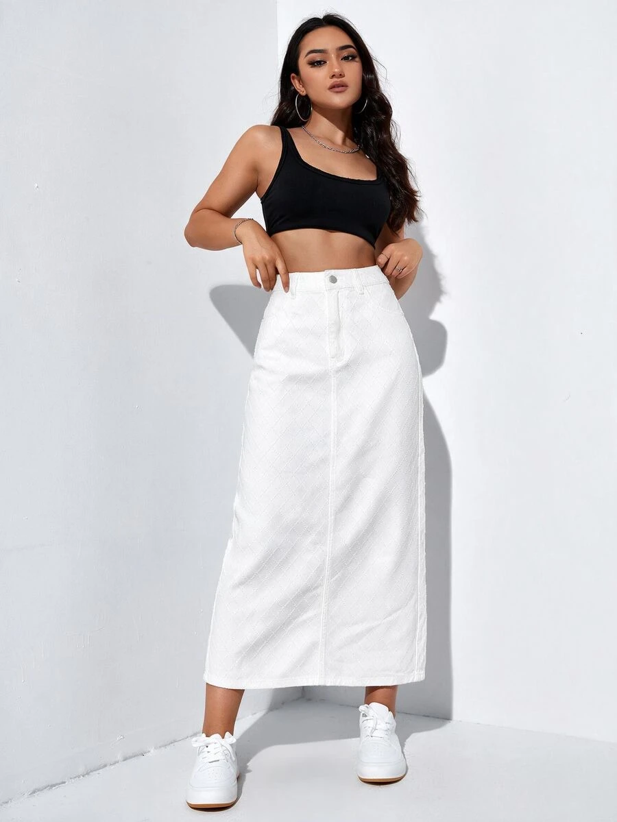 SHEIN EZwear 女款高腰長款休閒牛仔裙 - 白色 - 查看 1