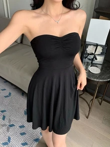 DAZY Women's Sleeveless Bandeau Waist-Cinched Short One-Piece Nightgown - Black - View 3