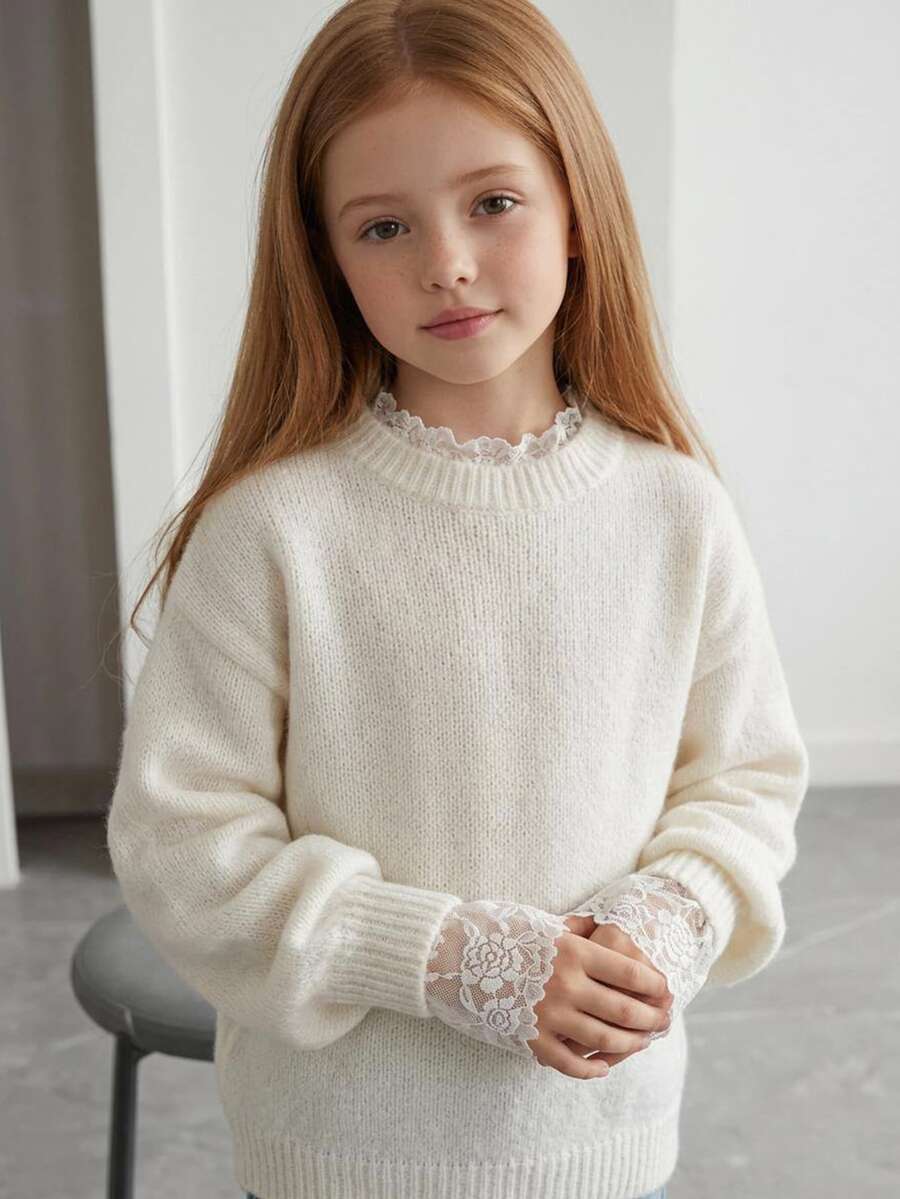 Hapijoa Sweater Nyaman Motif Renda Manis untuk Anak Perempuan Remaja, Cocok untuk Pemakaian Sehari-hari - Krem - View 1