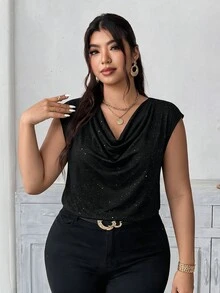 Elenzga 大尺碼女款垂領休閒百搭日常穿著T恤 - 黑色 - 查看 4