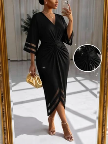 Auveirra Plus Size Women's V-Neck Waist Knot Design Contrast Mesh 3/4 Sleeve Elegant Dress - Multicolor - View 1