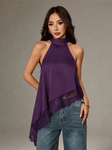 SHEIN PETITE 不對稱高領掛脖上衣，蕾絲飾邊，晚宴派對雞尾酒會正式優雅風 - 紫色 - 查看 3