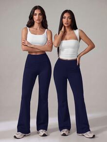 SHEIN Tall Women's Solid Color Slim Fit Versatile Daily Wear Flare Pants - Navy Blue - View 8