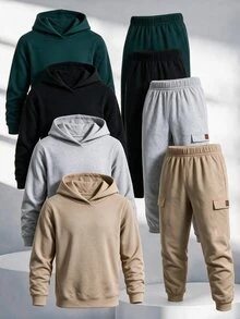 SHEIN 6件組兒童青少年男孩可愛秋冬休閒百搭純色黑色、灰色、聖誕綠長袖運動衫與長褲套裝，通勤、上學、日常穿著、度假、旅行、運動、開學季全方位搭配多件套裝 - 彩色 - 查看 6