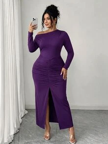 Elenzga Plus Size Elegant Fitted Sexy Cowl Neck Long Sleeve Bodycon Ruched Slit Dress Fall Christmas - Purple - View 4