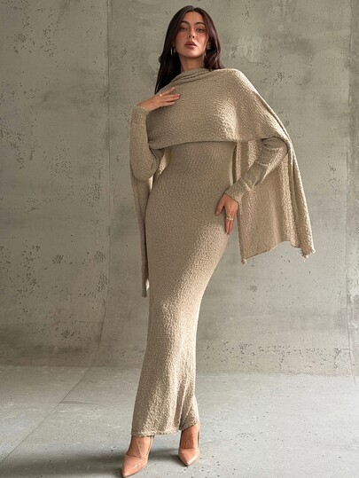 Aloruh Women's Elegant Casual Commute Shawl Collar Long Sleeve Knit Dress, Apricot Solid Color Fitted Dress, Old Money Style