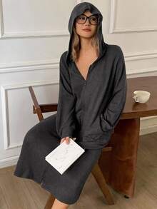 Livesso Women's Solid Color Casual Daily Home Long Sleeve Robe - Dark Grey - View 3